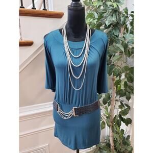 Inner Womens Blue Rayon Round Neck Cold Shoulder Sleeve Casual Top Blouse Small